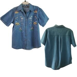 Way to Go Blue Denim Noah's Arc Animals Embroidered VTG Short Sleeve Top Shirt M